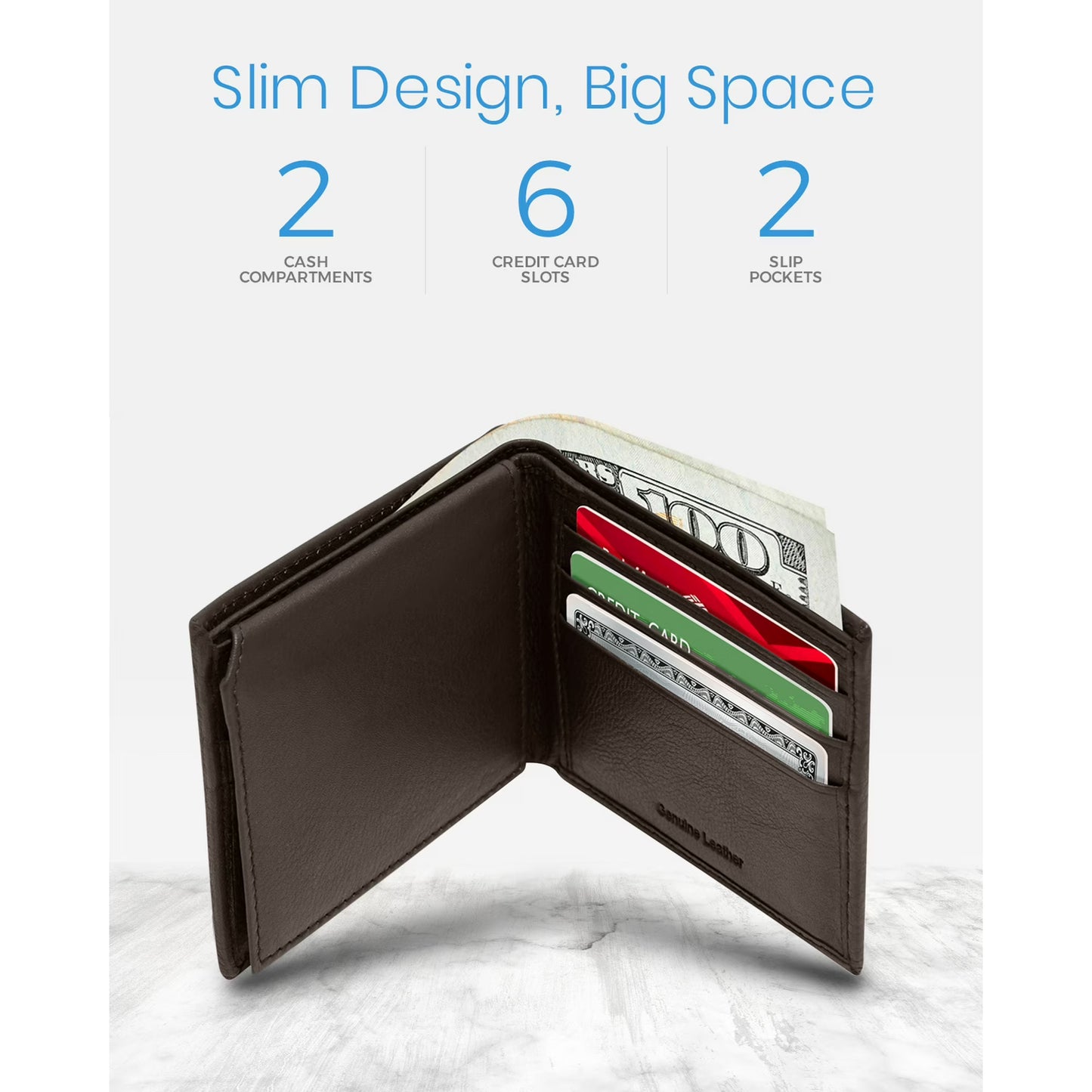 Genuine Leather Slim Bifold Wallet for Men with RFID Blocking