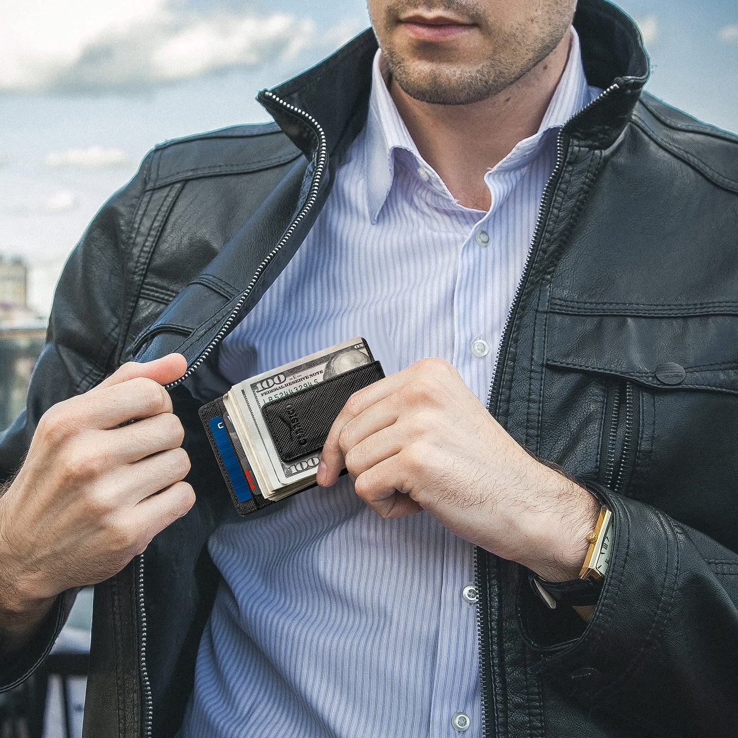 Leather Money Clip Wallet for Men with RFID Blocking