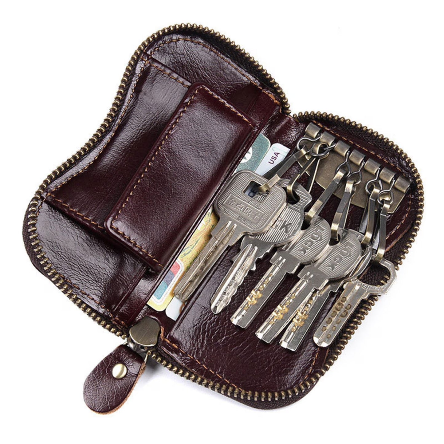 Genuine Leather Key Bag with Zipper Closure