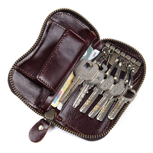 Genuine Leather Key Bag with Zipper Closure